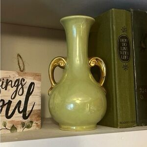 Vintage Pearl China Co 22kt Gold bud vase, green, lustrous, bookshelf decor